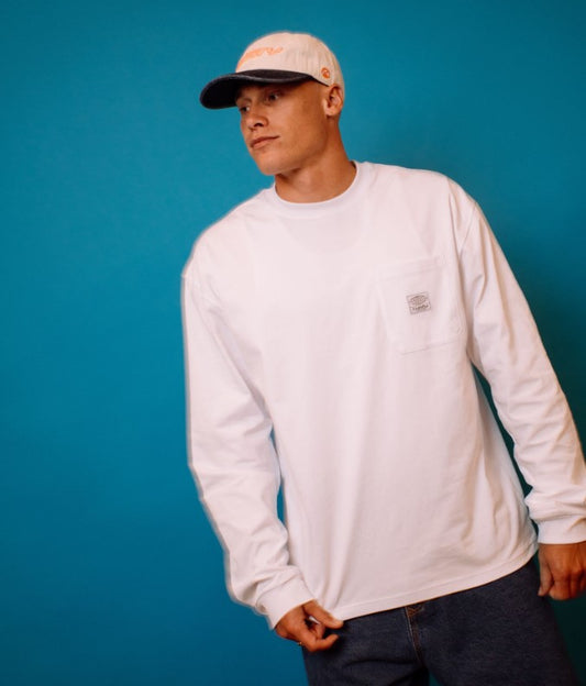 Rusty Arctic Dad Cap in light grey and blue on model