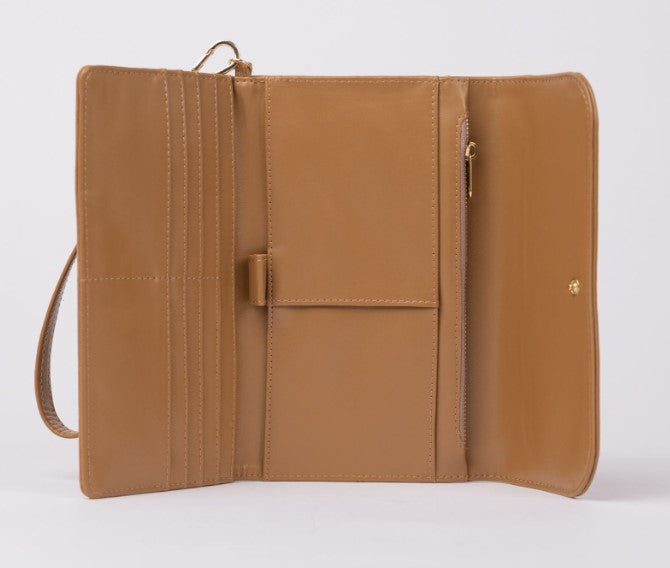 Rusty Aria Suede Travel Wallet in tan from inside showing compartments