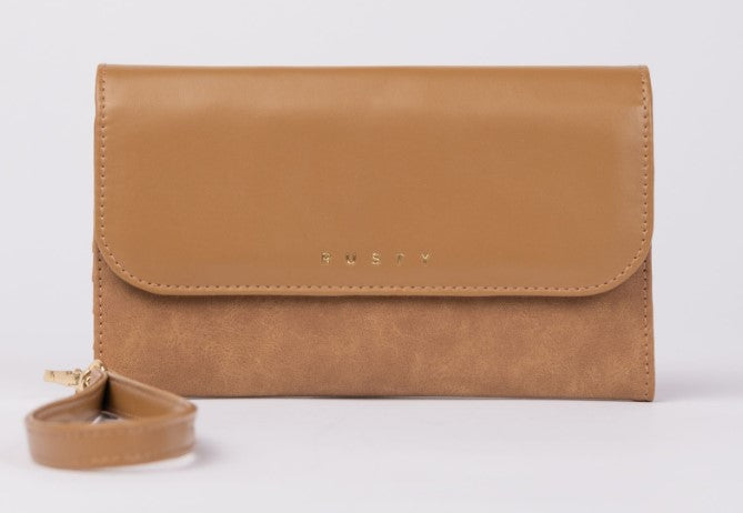 Rusty Aria Suede Travel Wallet in tan from front