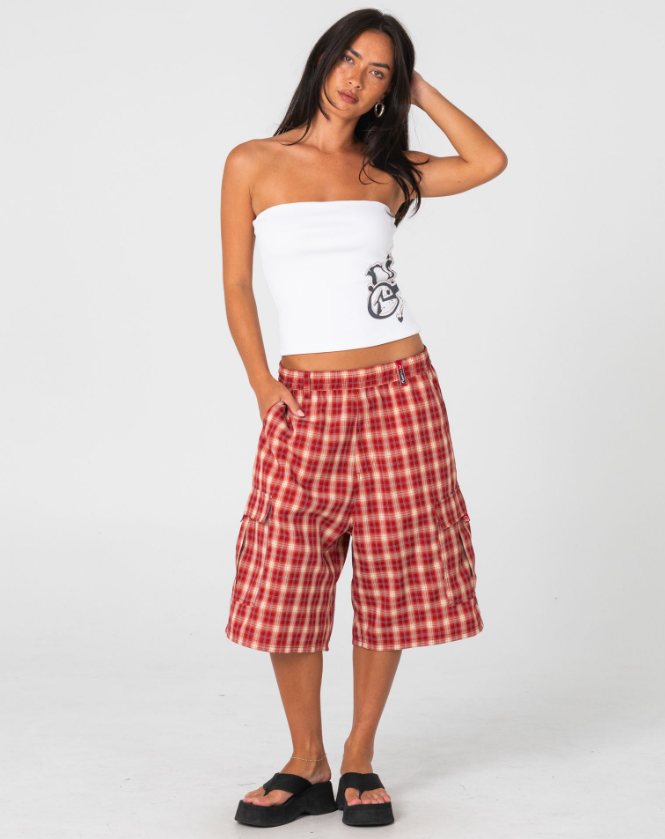 Rusty Art Attack Boob Tube in white on model in red checked shorts