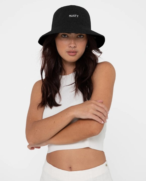 Rusty Bailey Embroidered Bucket Hat on model in black colourway