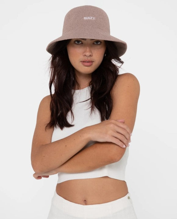 Rusty Bailey Embroidered Bucket Hat in taupe colourway on model from front