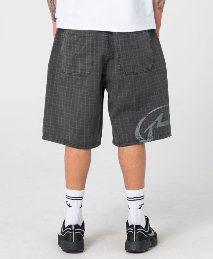 Rusty Banshee Yard Elastic Pleated 24" Shorts in black check from rear