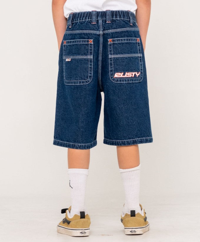 Rusty Flip Daddy Jort - Boys Denim Shorts in deep sea blue with orange trim from back
