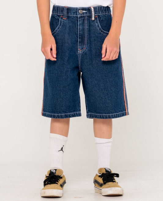 Rusty Flip Daddy Jort - Boys Denim Shorts in deep sea blue with orange trim from front