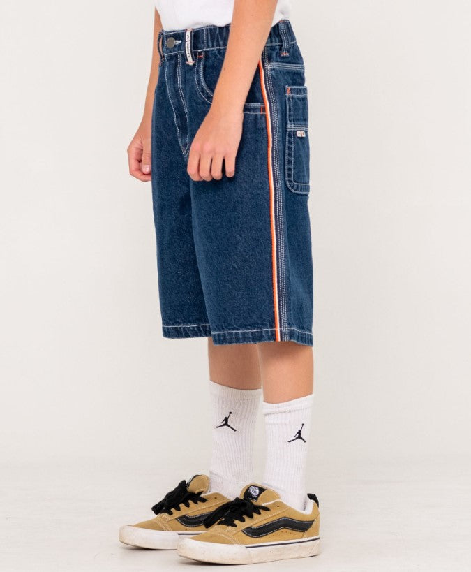 Rusty Flip Daddy Jort - Boys Denim Shorts in deep sea blue with orange trim from side