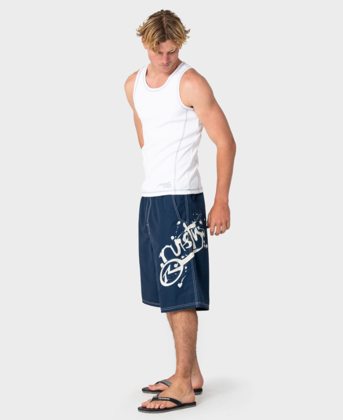Rusty Ceathair Hybrid Waist 23" Boardshorts in navy on model from side