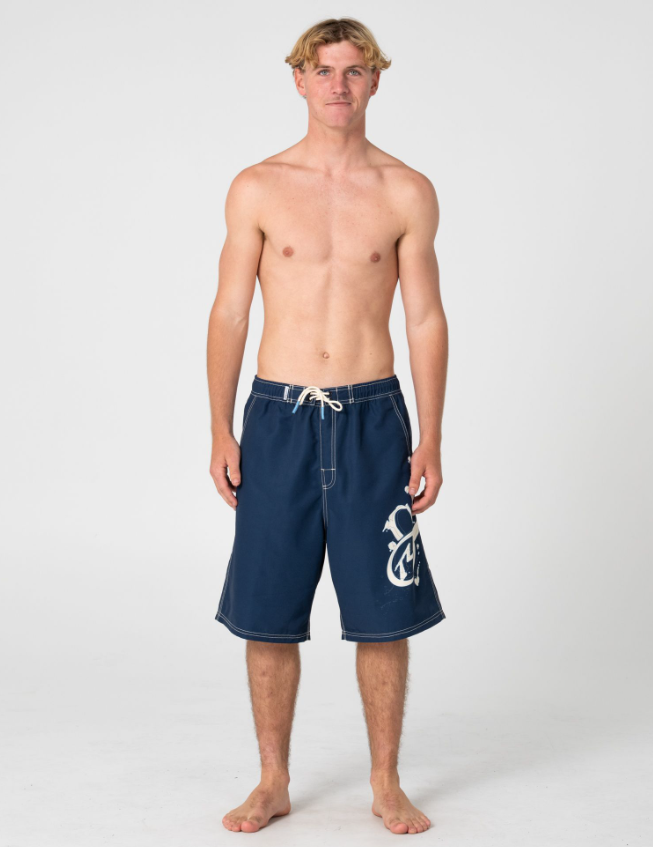 Rusty Ceathair Hybrid Waist 23" Boardshorts in navy on model from front