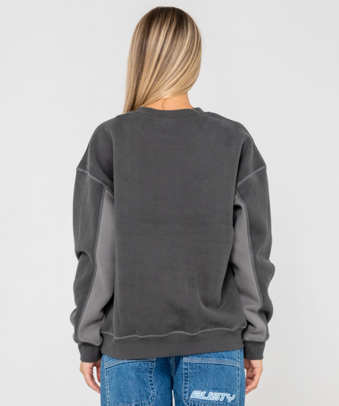 Rusty Choc Top Long Sleeve Oversize Women's Crew in carbon colourway on  model from back