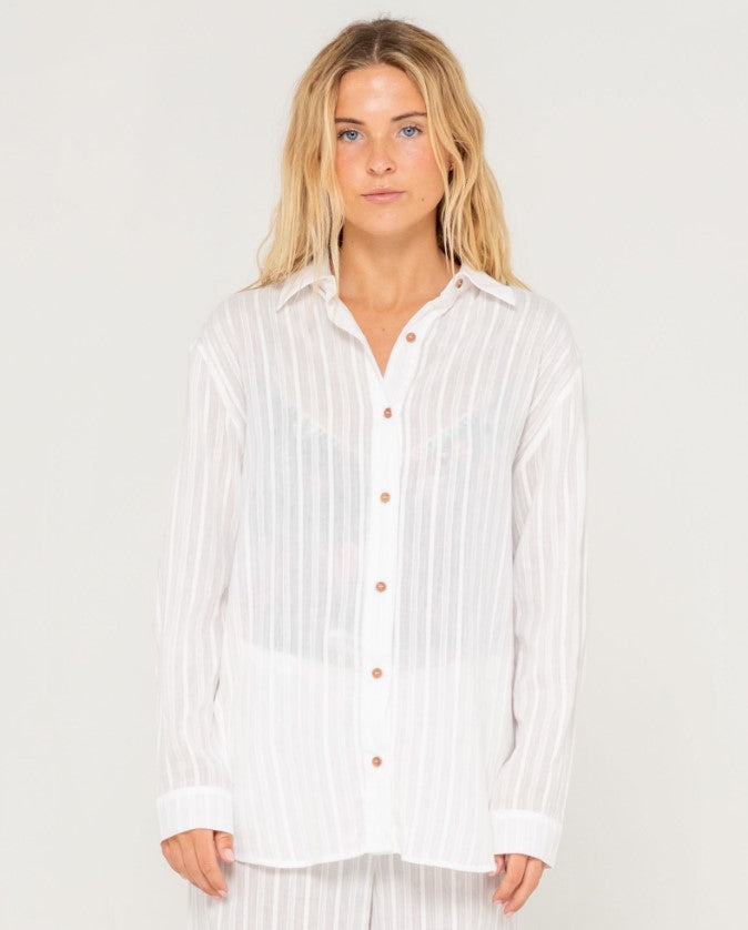 Rusty Cici Shear Overshirt in white on blonde model from front
