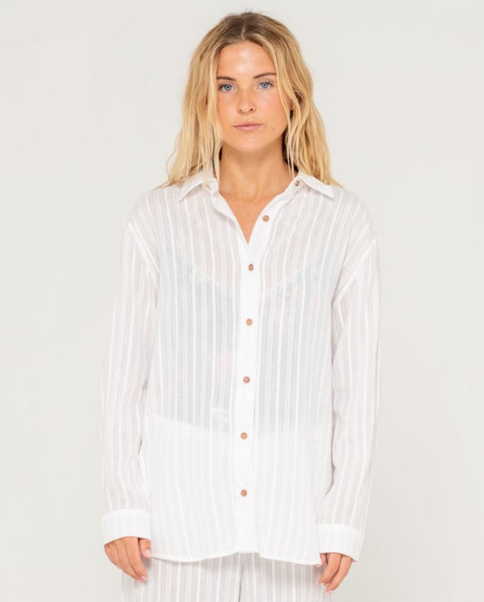 Rusty Cici Shear Overshirt in white on blonde model from front