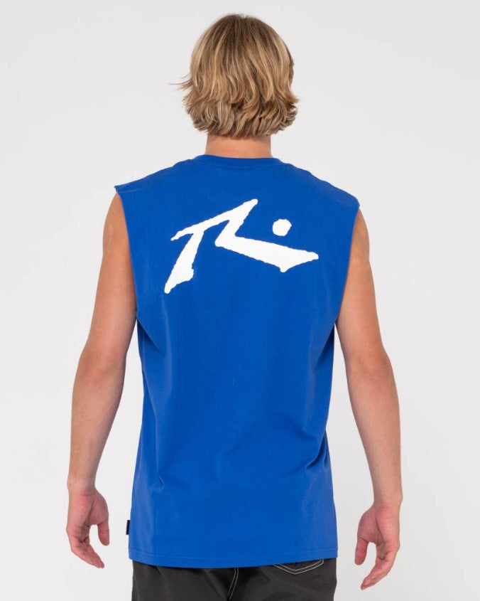 Rusty Competition Muscle Tank in royal blue from rear