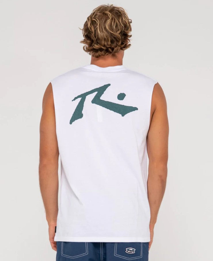 Rusty Competition Muscle Tee in white with sea spray logos colour from back