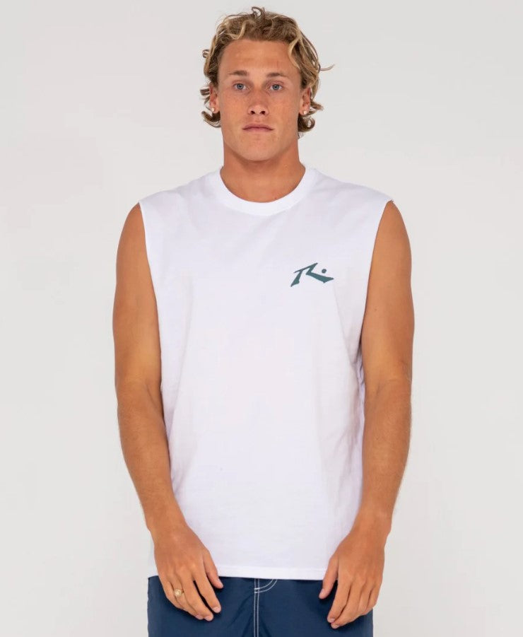 Rusty Competition Muscle Tee in white with sea spray logos colour from front