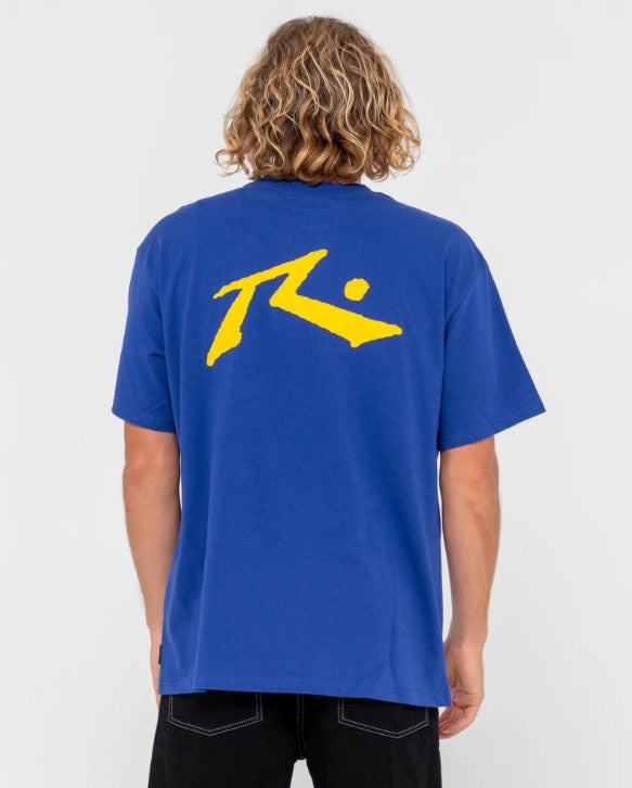 Rusty Competition Tee in royal blue with yellow R dot