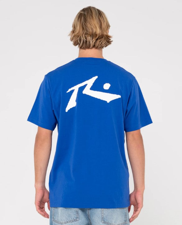 Rusty Competition Tee in royal blue with white from rear