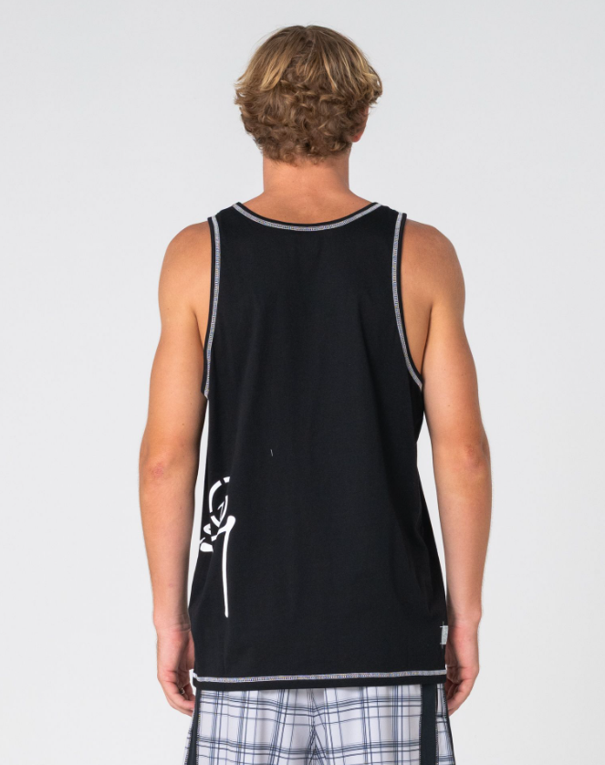 Rusty Crisis Men's Tank in black on model in check boardshorts from the back