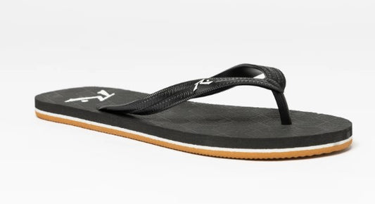 Rusty Cut Loose Jandals with brown bottom white middle and black top with rusty logo 