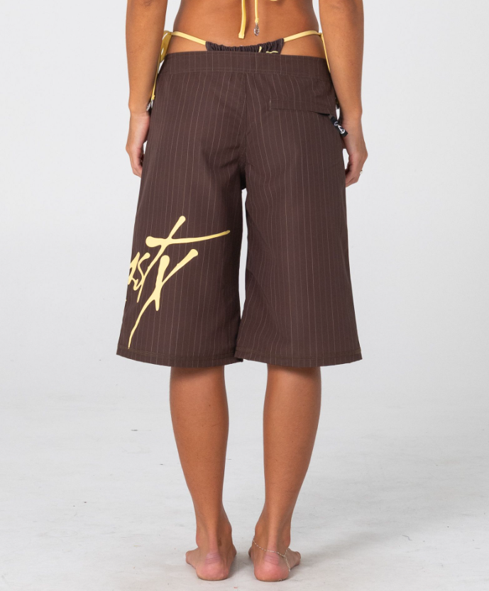 Rusty Cyberpunk Fixed Waist 22" Women's Boardshorts in java with yellow colourway on model from the back close up