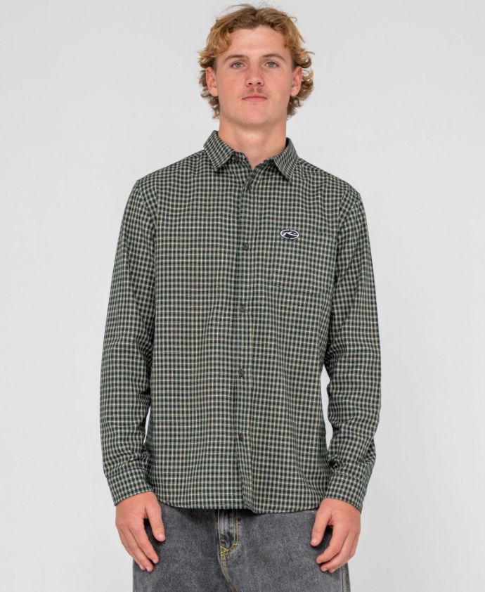 Rusty Datsun Check Long Sleeve Shirt in dark green on model from front with white background