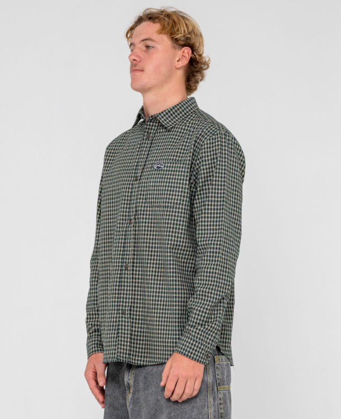 Rusty Datsun Check Long Sleeve Shirt in dark green on model from side