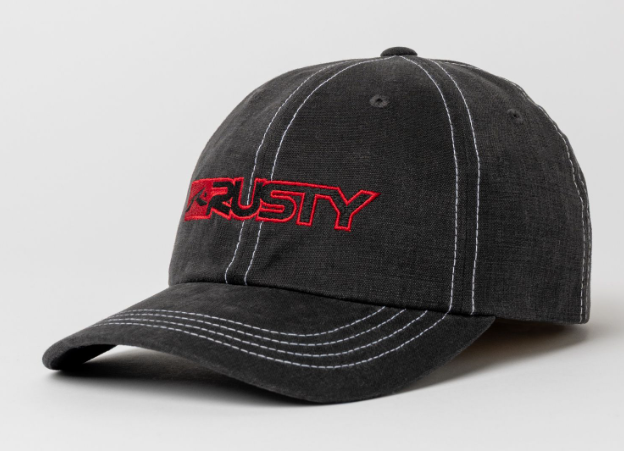 Rusty Dead End Dad Cap in washed black with red embroided print front