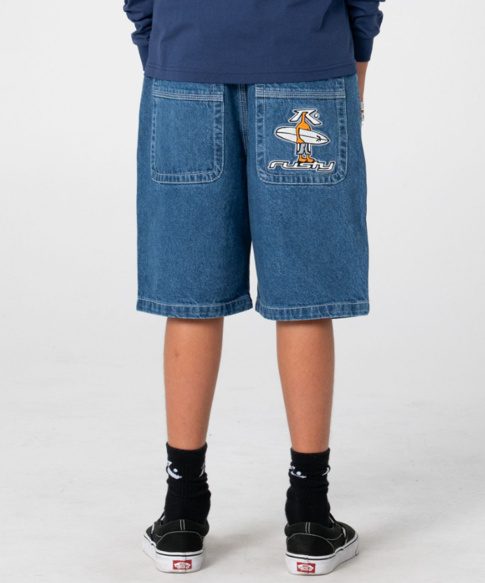 Rusty Dr Dot Baggy Boys Denim Shorts in middy blue from rear