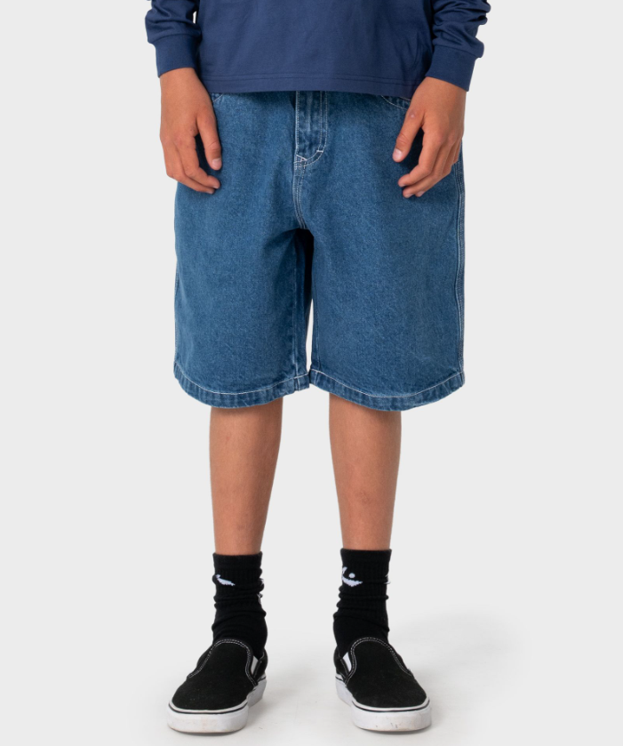 Rusty Dr Dot Baggy Boys Denim Shorts in middy blue from front