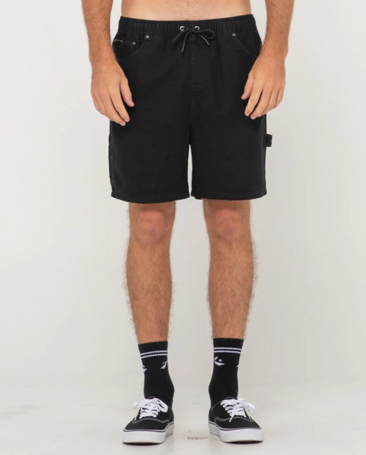 Rusty Dungaree Elastic Waist Shorts in black from front