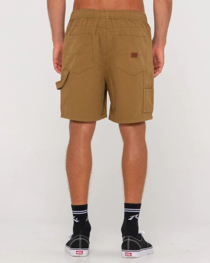 Rusty Dungaree Elastic Waist Shorts in camel from rear