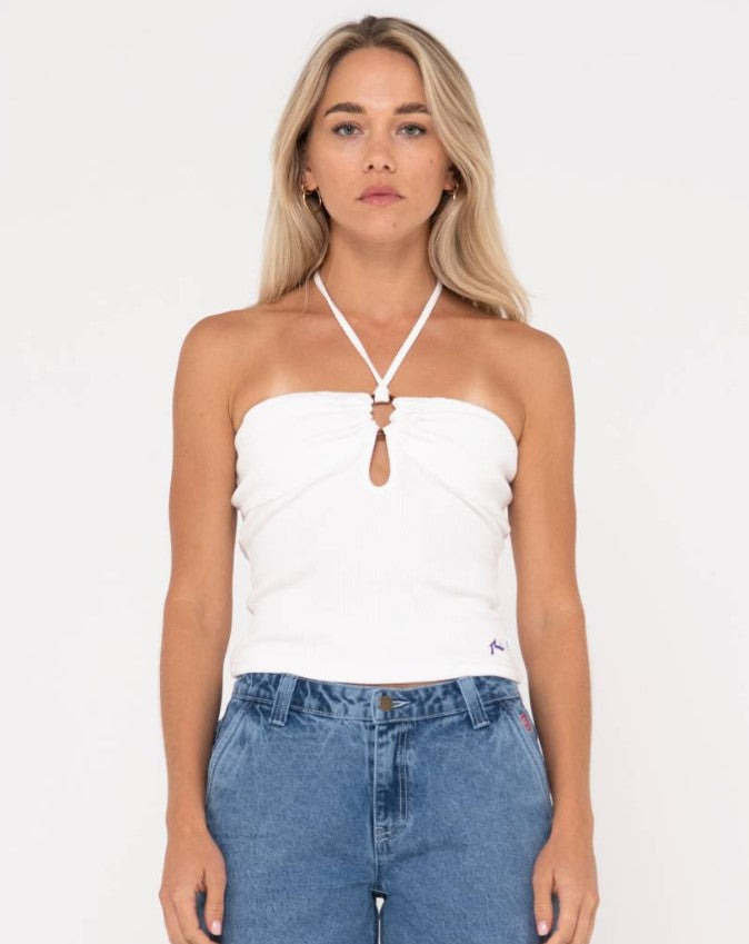 Rusty Emma Ring Skimmer Top in white on model from front