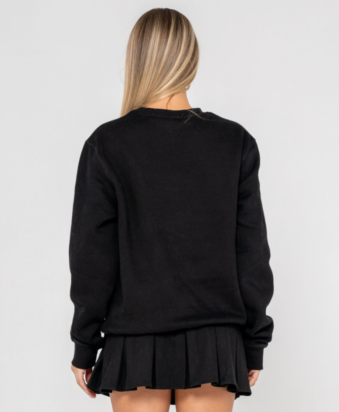 Rusty Essential Oversized Crew Fleece in black on model from rear