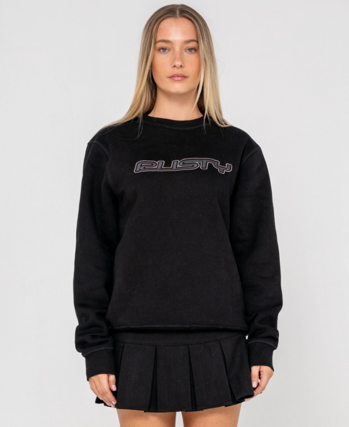 Rusty Essential Oversized Crew Fleece in black on model from front