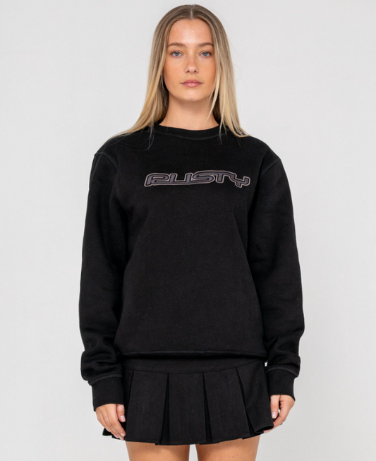 Rusty Essential Oversized Crew Fleece in black on model from front