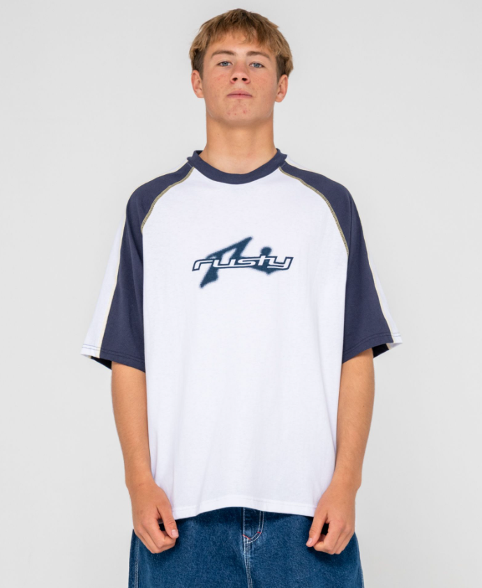 Rusty Fade-R Short Sleeve Tee in white with navy detail on model from front