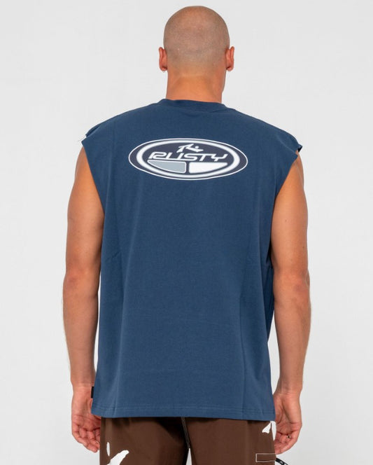 Rusty Faden Heavy Boxy Mens Muscle Top in china blue from rear