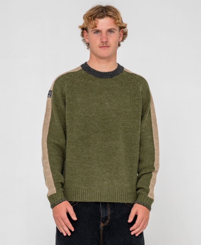 Rusty Fishermans Boxy Knitted Crew in shadow army on model from front