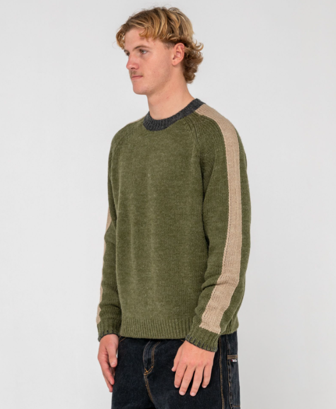 Rusty Fishermans Boxy Knitted Crew in shadow army on model from side