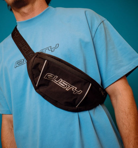 Rusty Fixie Crossbody Bag (WaistBag)  in black across a blue t-shirt