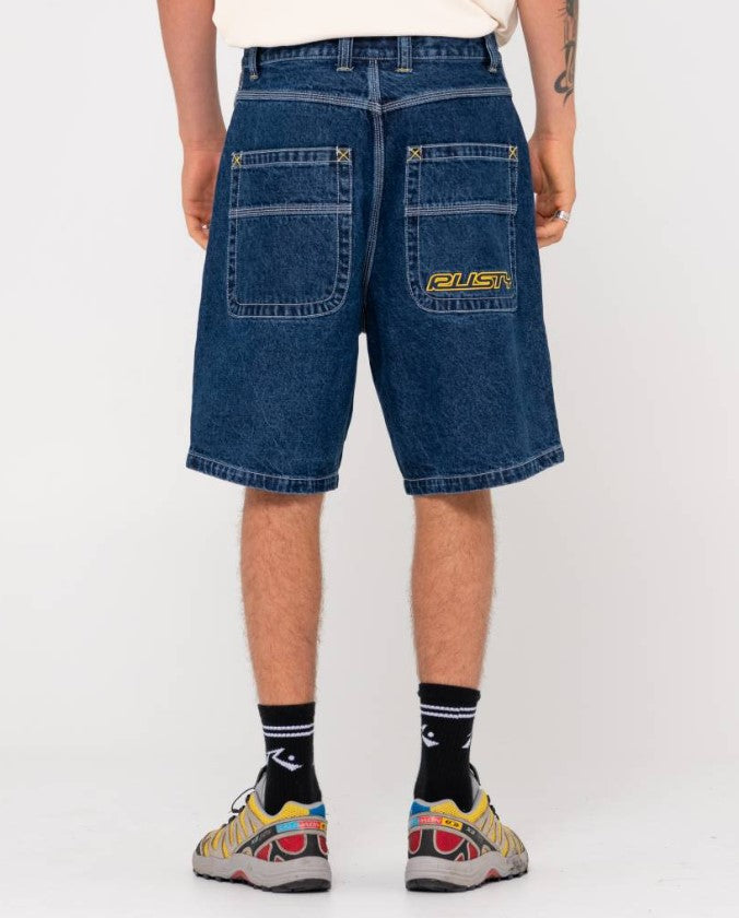 Rusty Flip Daddy 2.0 Denim Shorts/Jorts in deep sea blue from rear