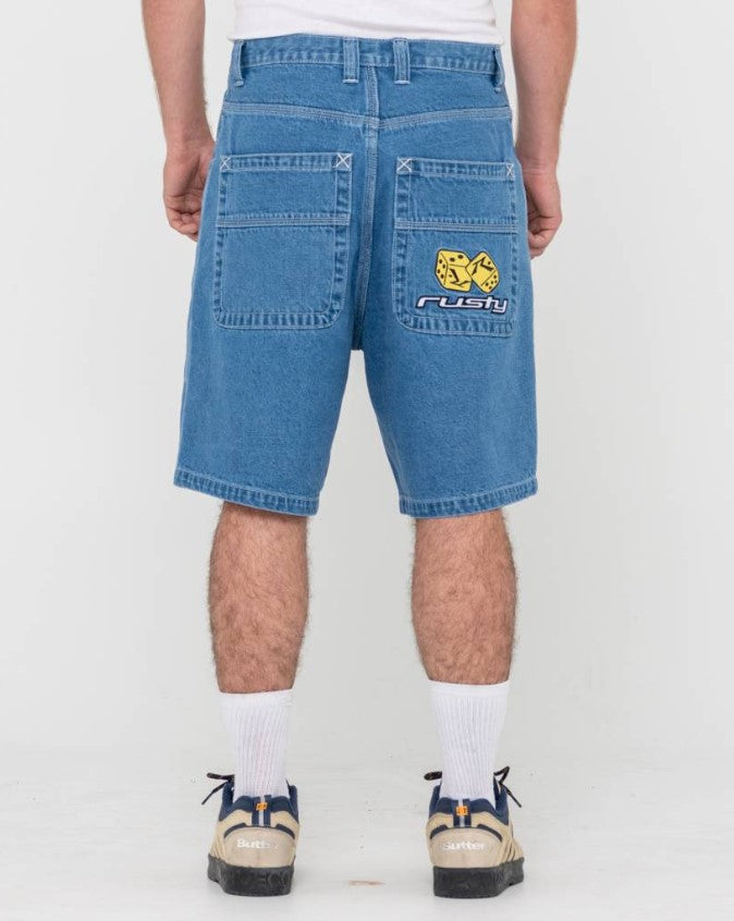 Rusty Flip Daddy All In Jort Denim Shorts in middy blue from rear