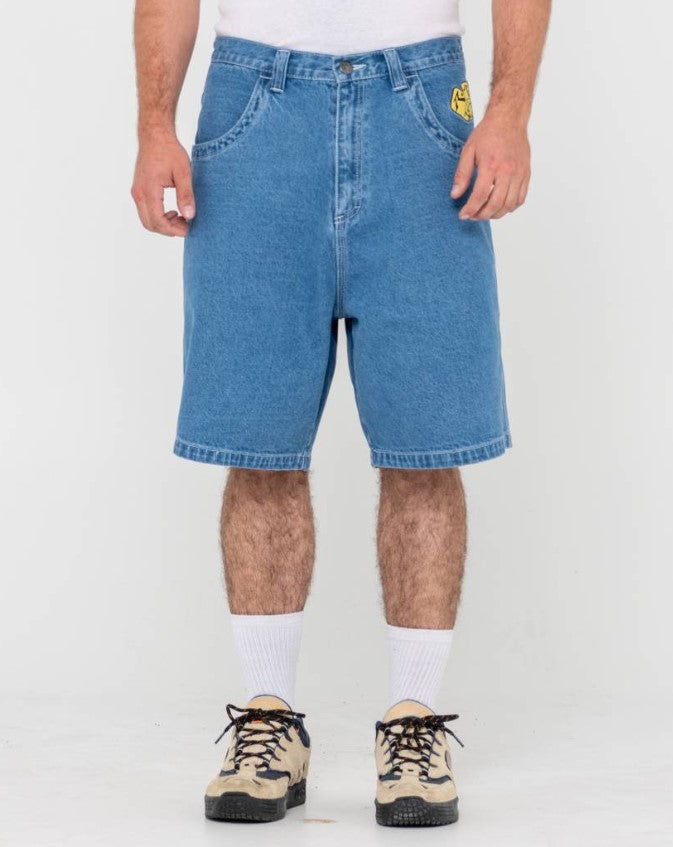 Rusty Flip Daddy All In Jort Denim Shorts in middy blue from front