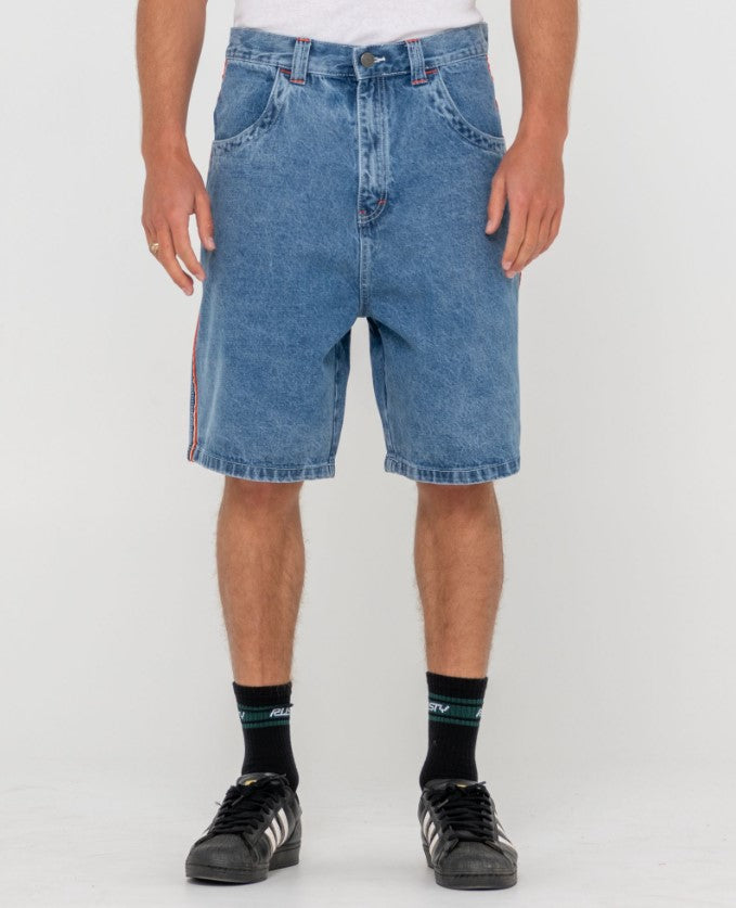 Rusty Flip Daddy 2.0 Denim Shorts in middy blue shot from front