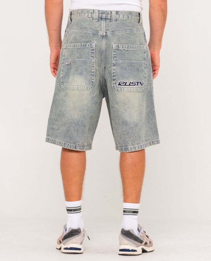 Rusty Flip Daddy Draggin 24" Denim Shorts in dirty dawg colourway from  rear