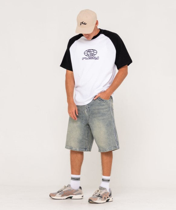 Rusty Flip Daddy Draggin 24" Denim Shorts in dirty dawg colourway on model from front