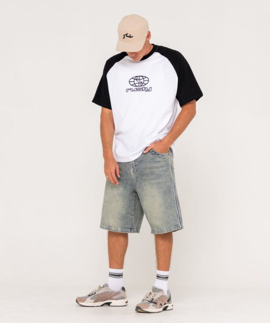 Rusty Flip Daddy Draggin 24" Denim Shorts in dirty dawg colourway on model from front