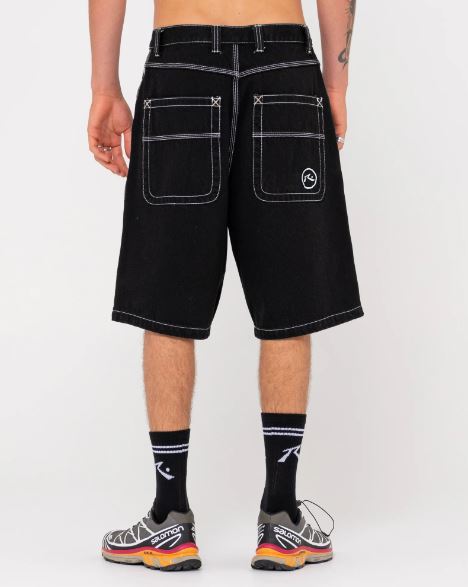 Rusty Flip Daddy Tapeless Draggin Denim Shorts in black from rear