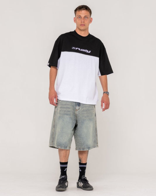 Rusty Flip Daddy Life Cycle 24" Jorts - Denim Shorts in dirty dawg colourway on model in two tone t-shirt
