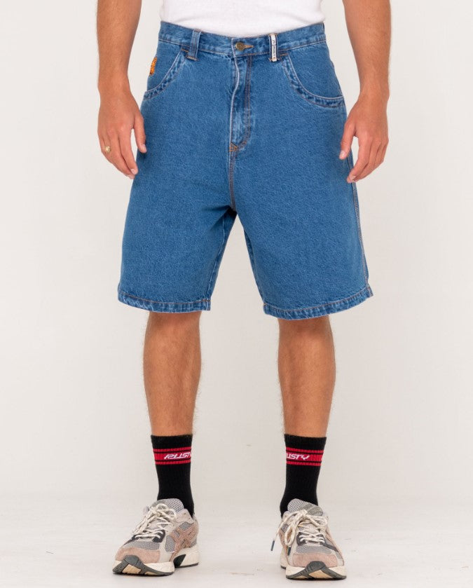 Rusty Flip Daddy Low Ballin 23" Denim Shorts in middy blue from front