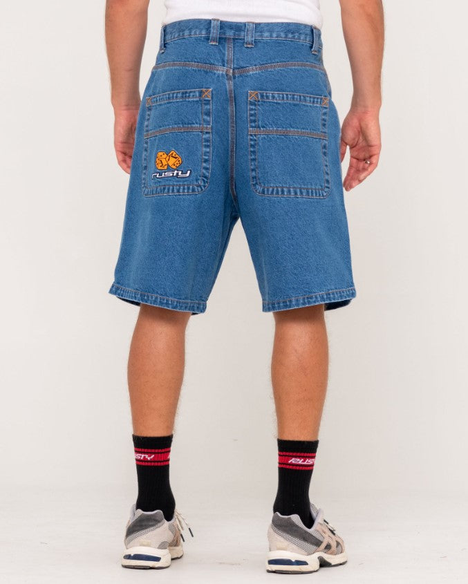 Rusty Flip Daddy Low Ballin 23" Denim Shorts in middy blue from rear